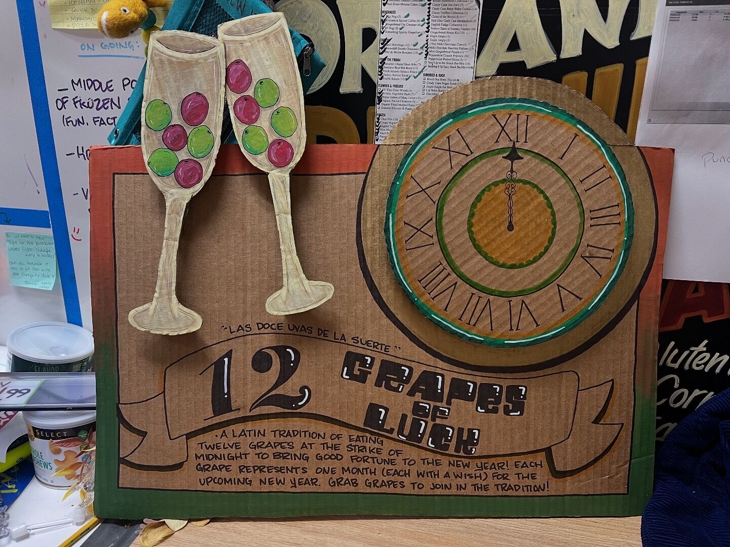12 Grapes of Good Luck chalk-style retail sign with grape illustrations