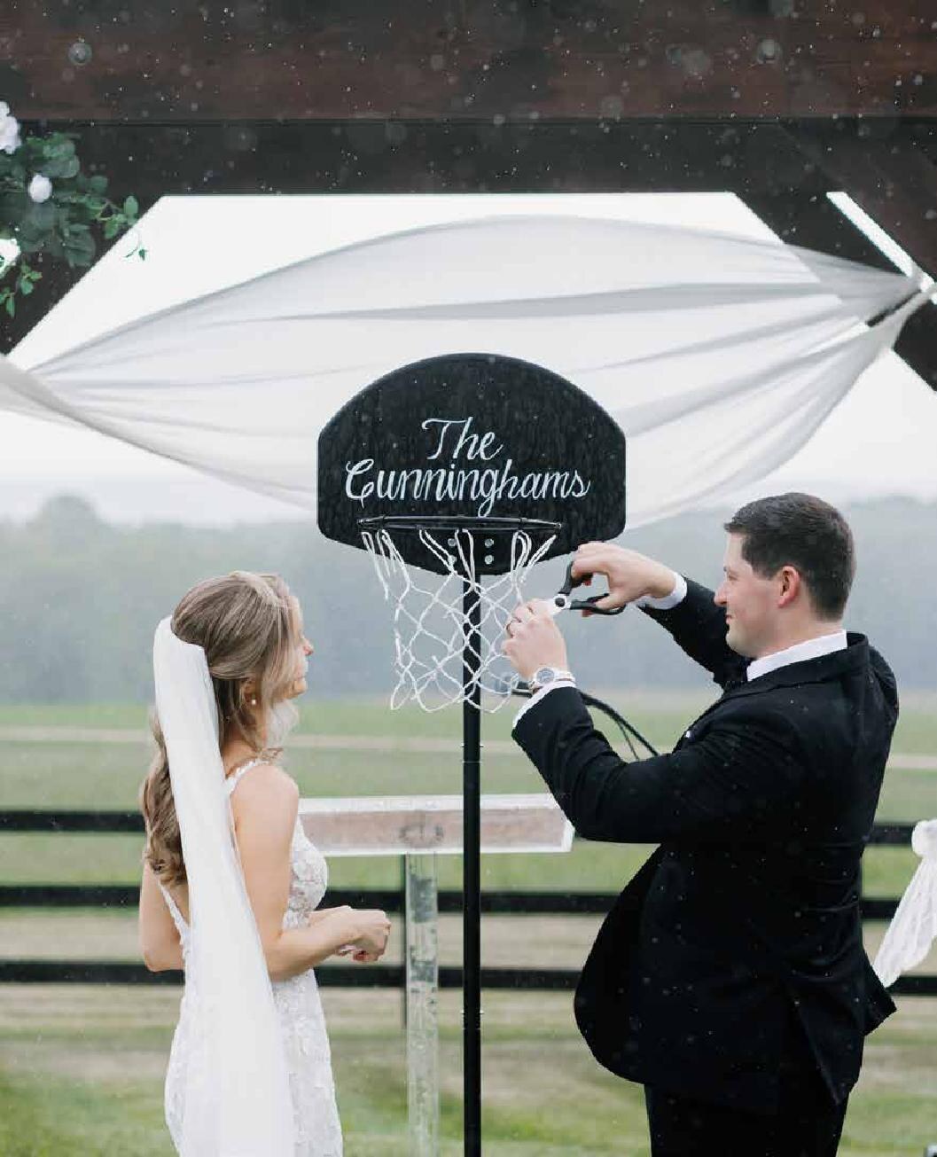 Hand-lettered basketball backboard face for wedding ceremony
