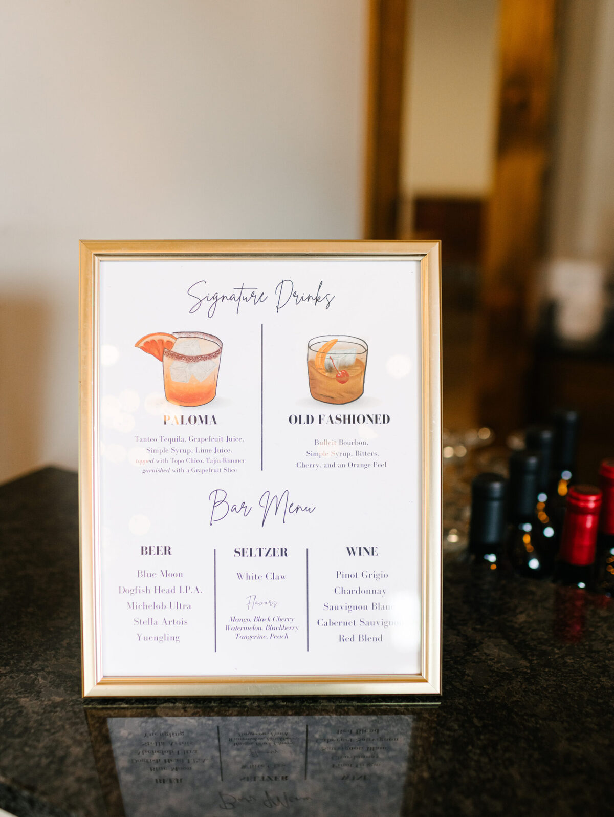 Framed Bloom wedding signature drinks menu at the bar