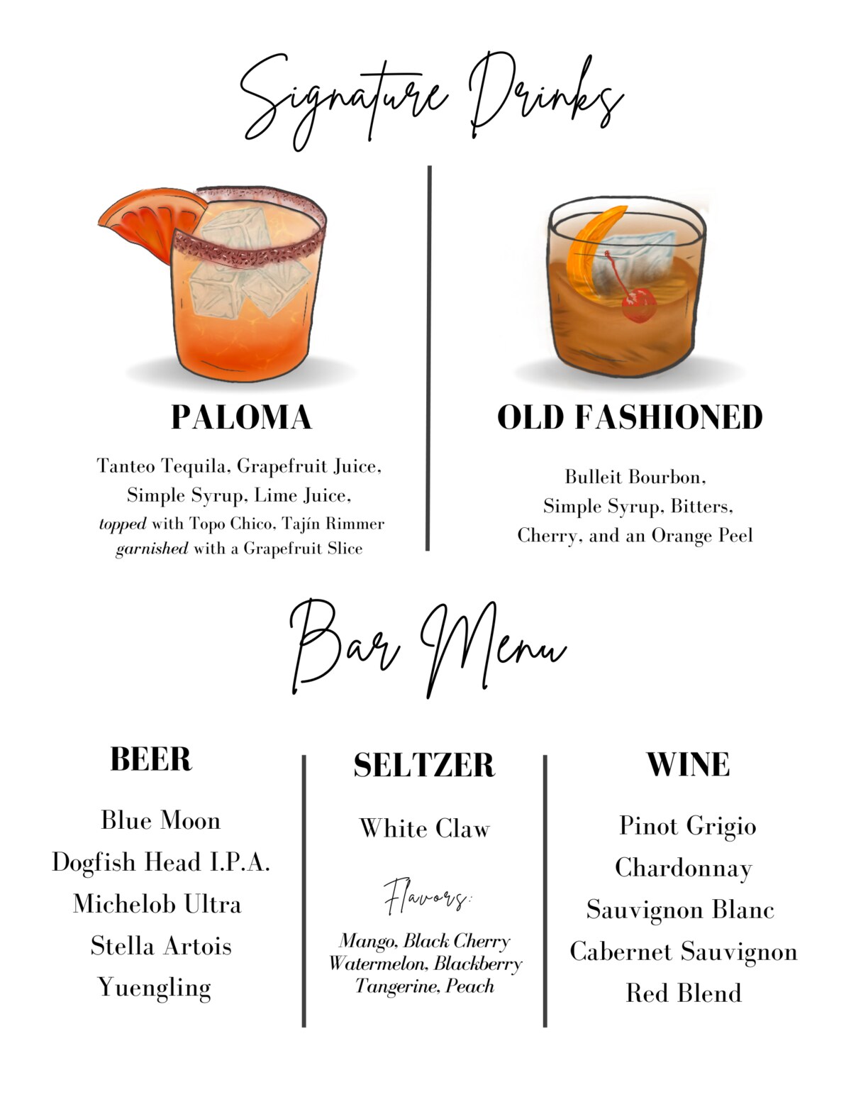 Bloom wedding signature drinks and bar menu design