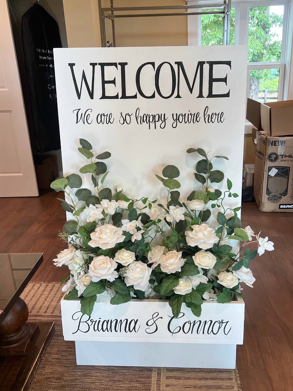 Cunningham wedding welcome sign with built-in floral bouquet holder