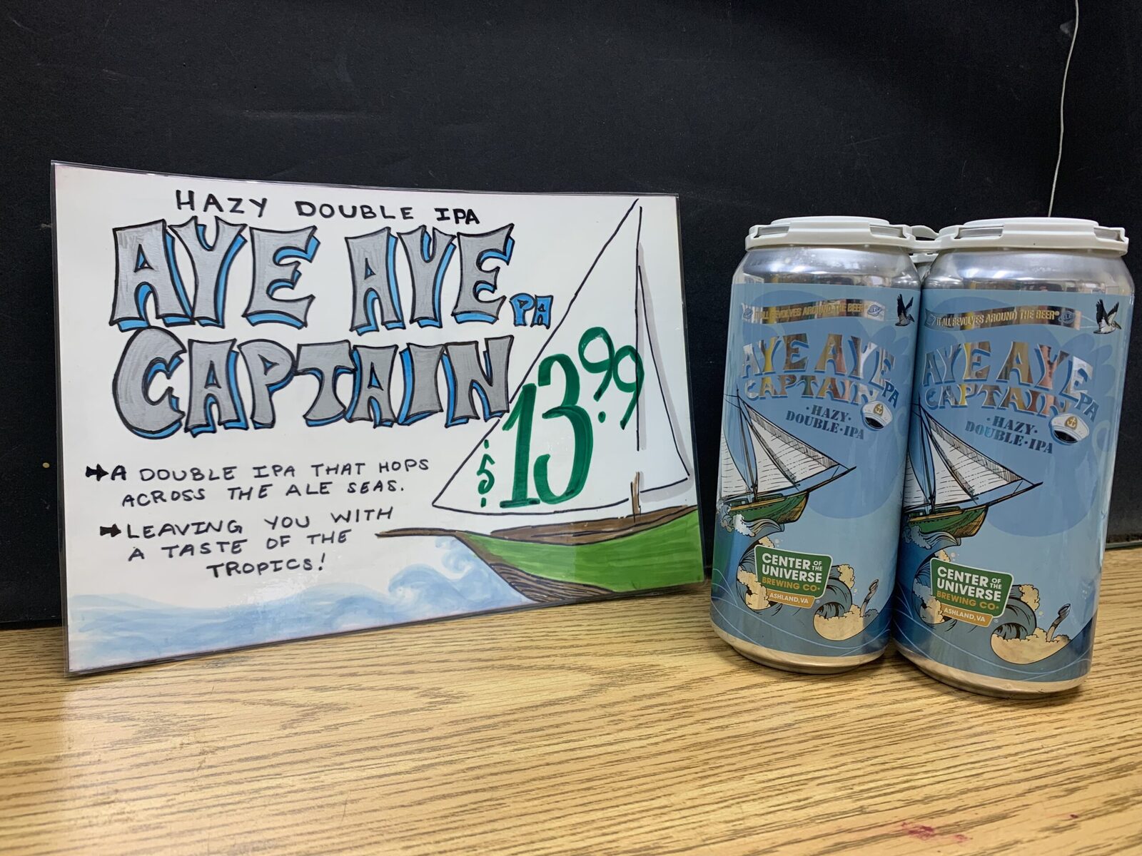 Aye Aye Captain beer side-stack sign with product cans